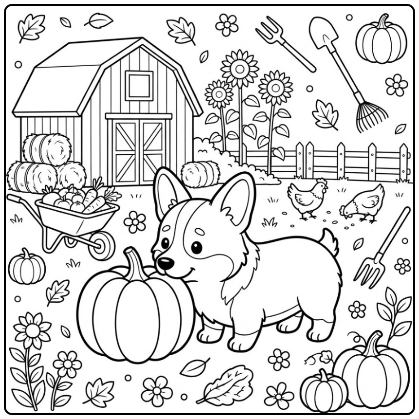 Corgi on a Farm with a Pumpkin coloring page