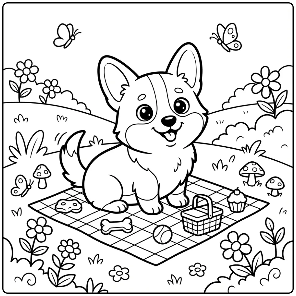 Fun Corgi Puppy in a Meadow for Adults coloring page