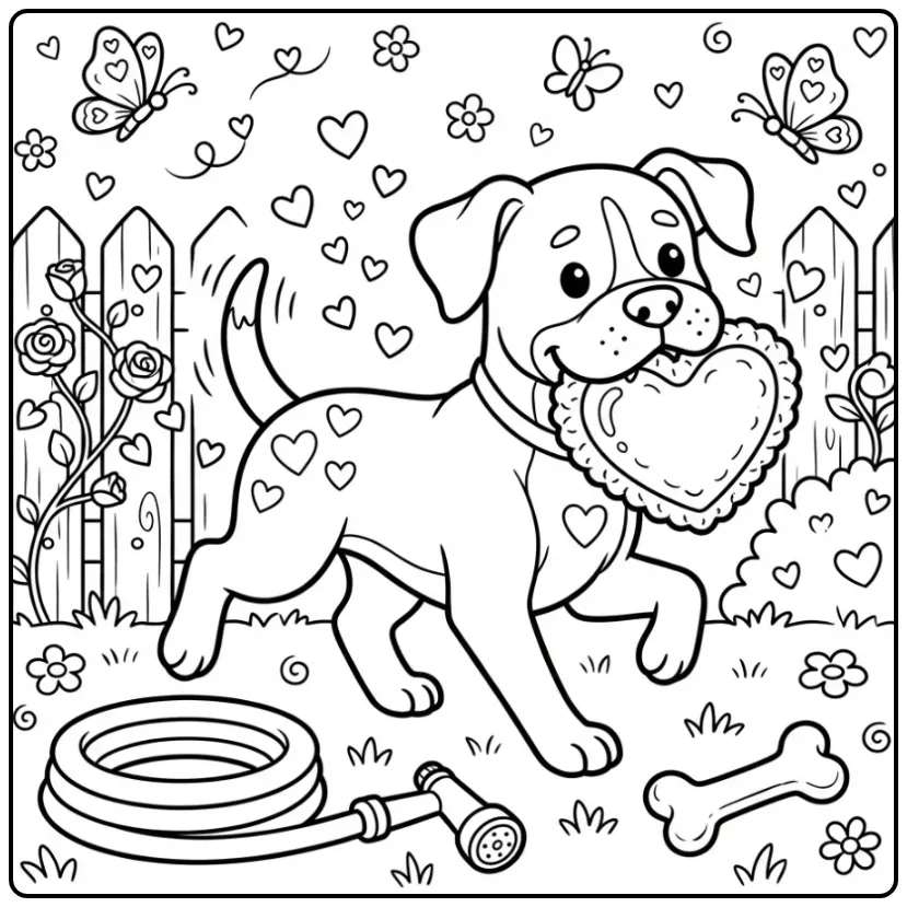 Boxer Playing with a Heart Toy in the Garden coloring page