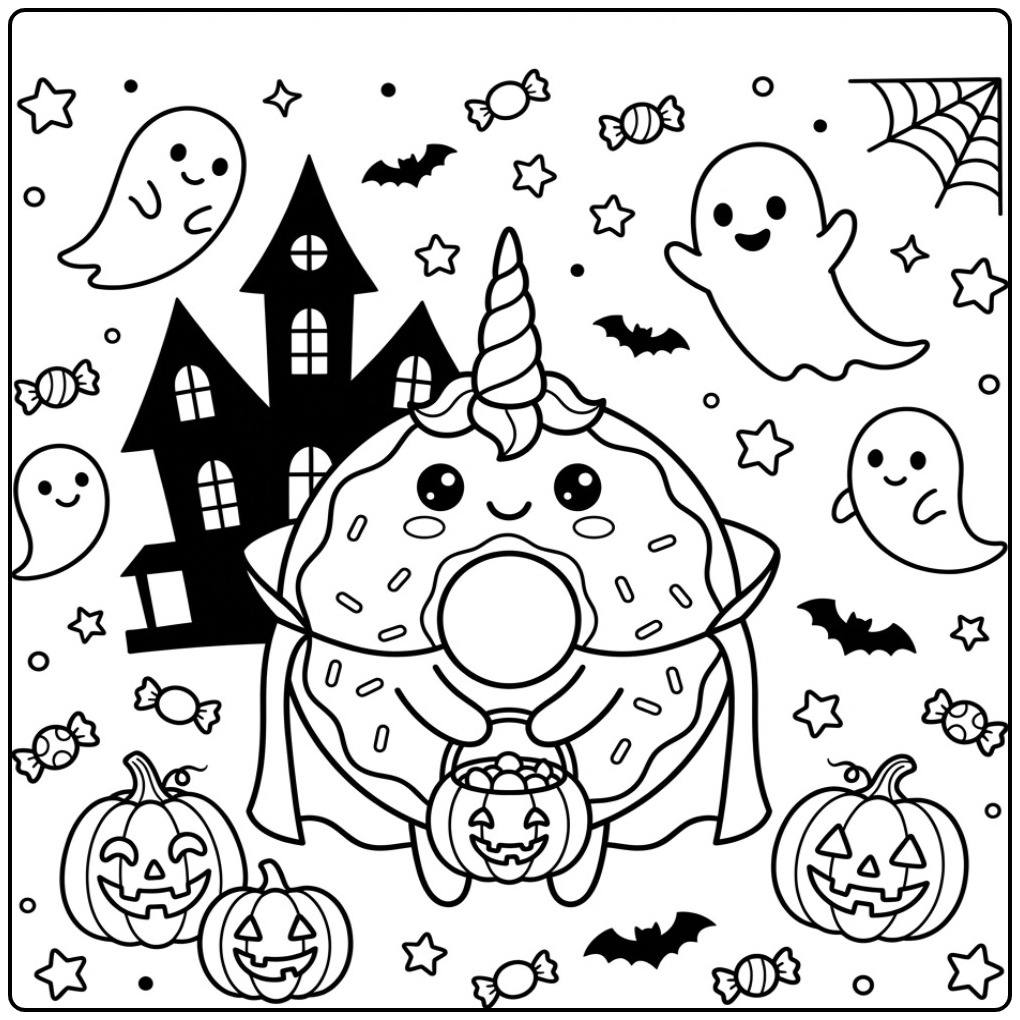 Fun Halloween Donut Unicorn and Little Ghosts coloring page