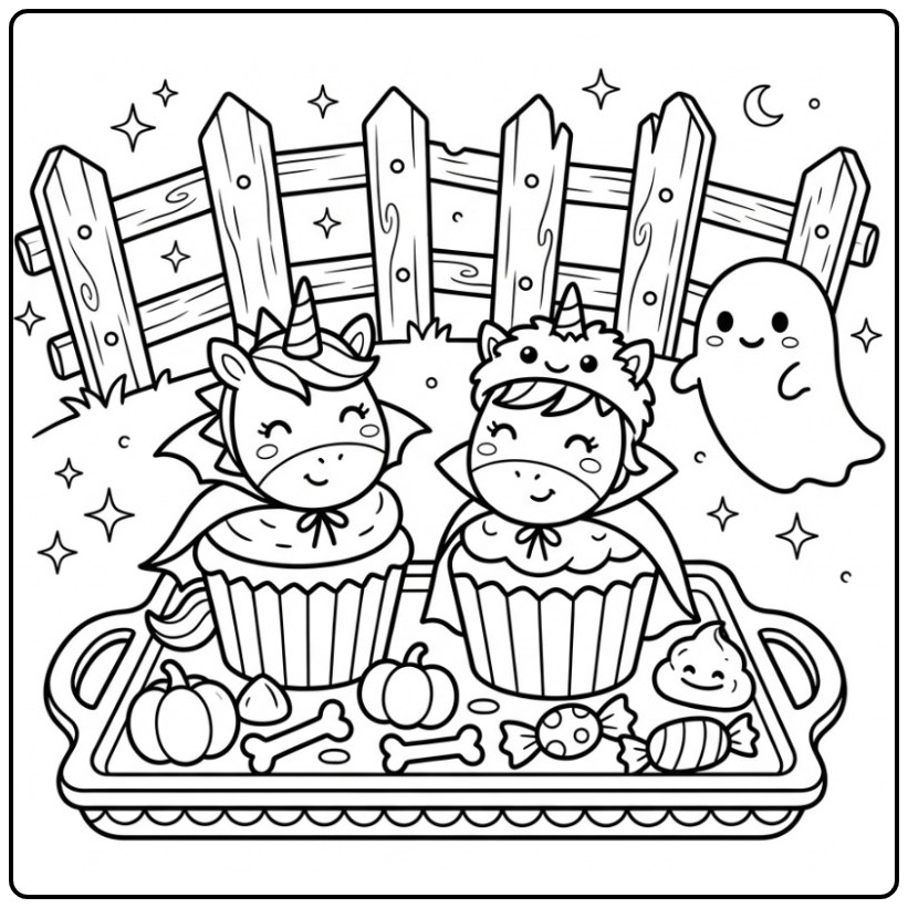 Fun Halloween Unicorn Cupcake for Children coloring page