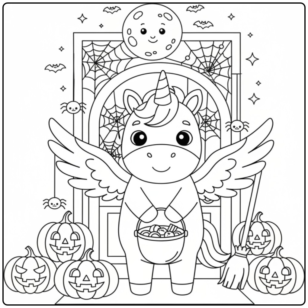 Fun Halloweencoloring Page Unicorn with Wings and Pumpkins coloring page