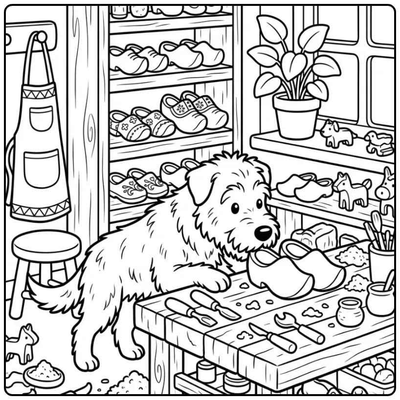 Rough-Haired Dutch Shepherd in a Clog Workshop coloring page