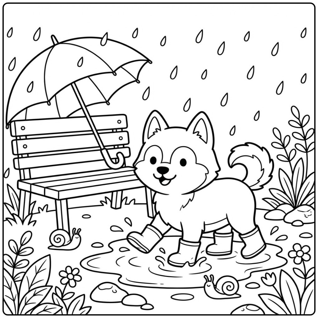 Husky Splashing in a Rain Puddle coloring page