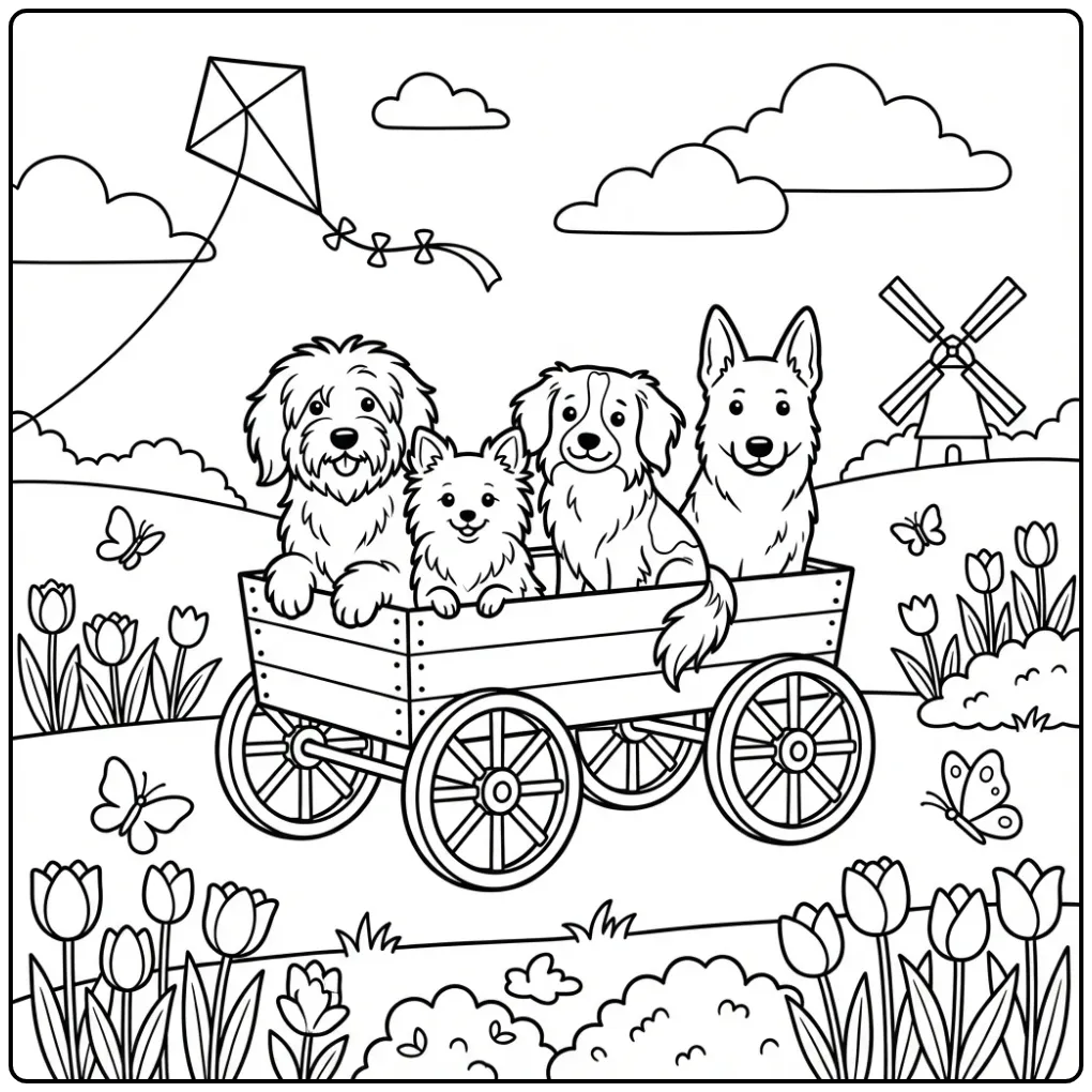 Dutch Dog Breeds Riding in a Countryside Wagon coloring page