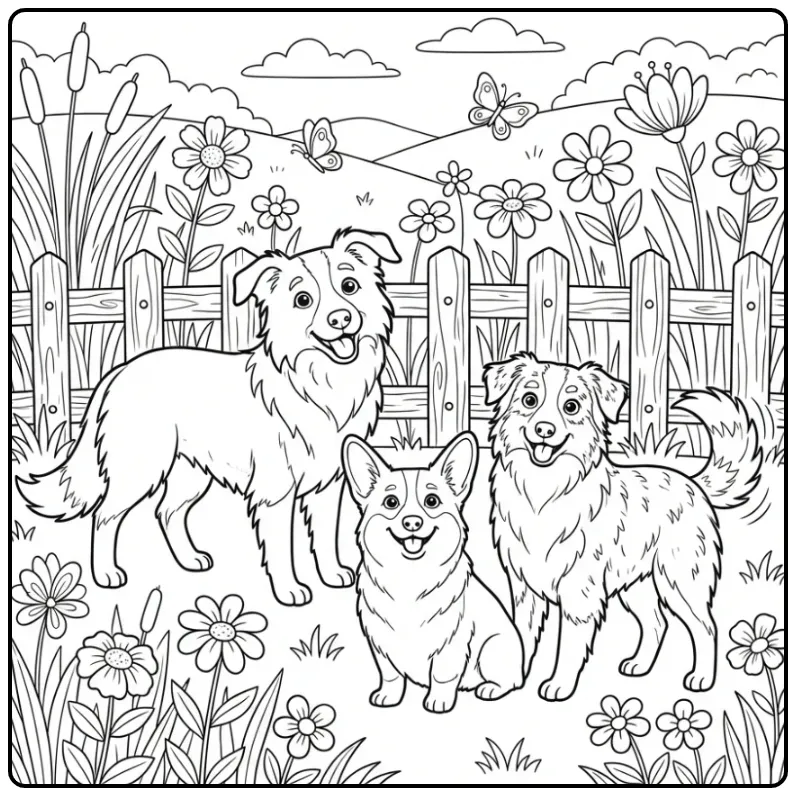 Three Fun Dog Friends in the Grass coloring page