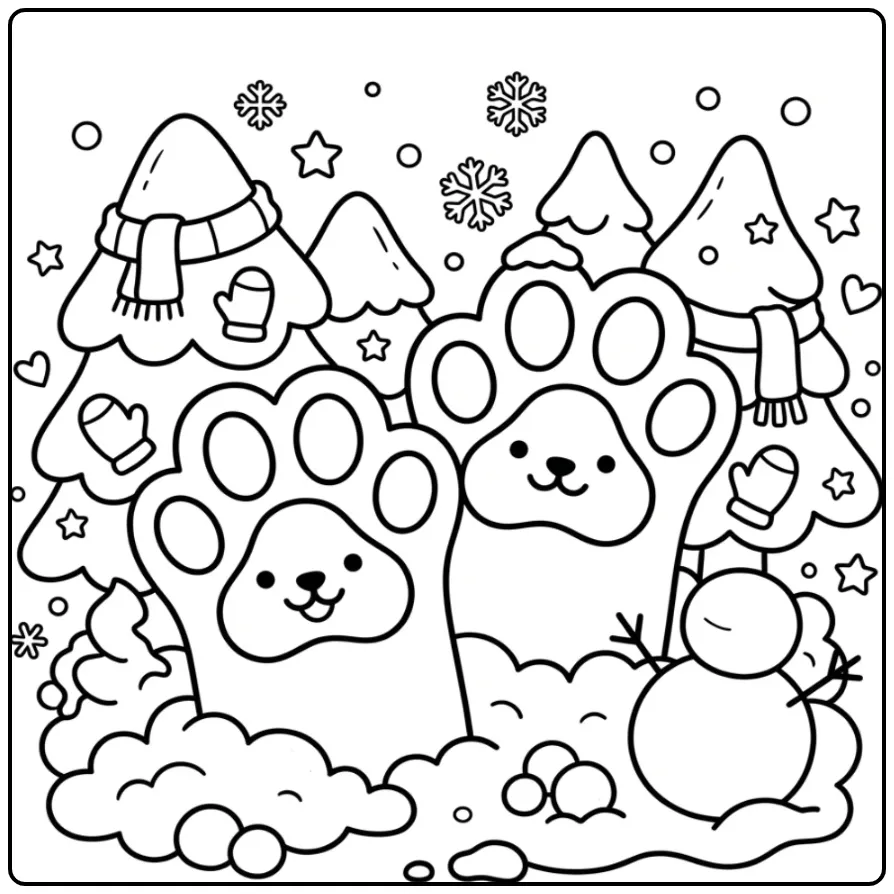 Fun Dog Paw with Snow and Trees coloring page