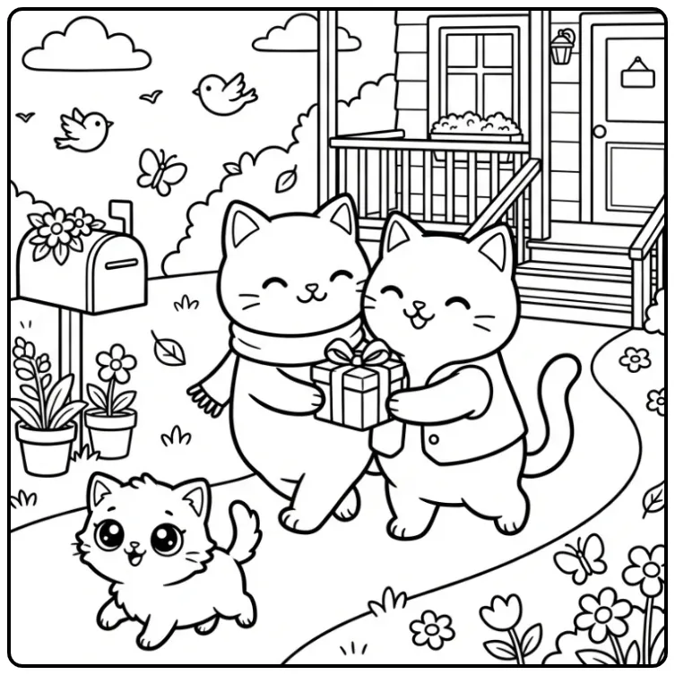 Fun Cats Bringing a Gift coloring page