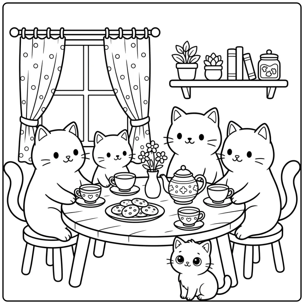 Fun Cat Tea Party with a Kitten coloring page