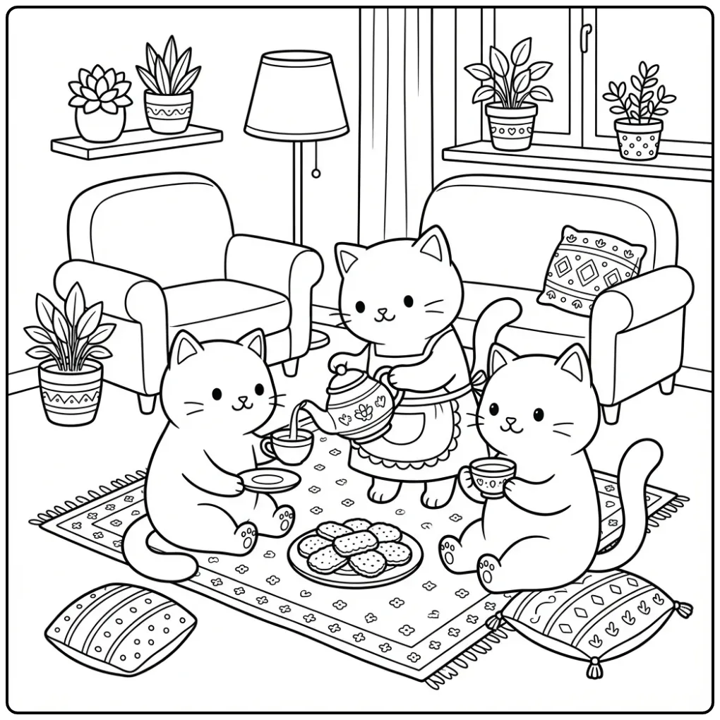 Adult cats coloring page with a tea party