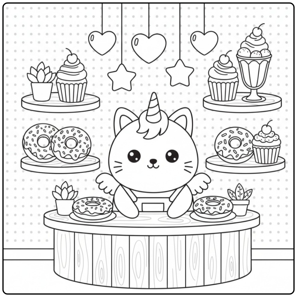 Fun Kawaii Unicorn Cat Sweet Treats coloring page