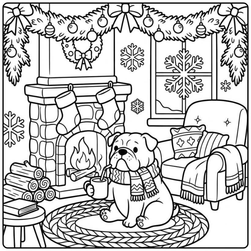 Christmas Bulldog by the Fireplace coloring page