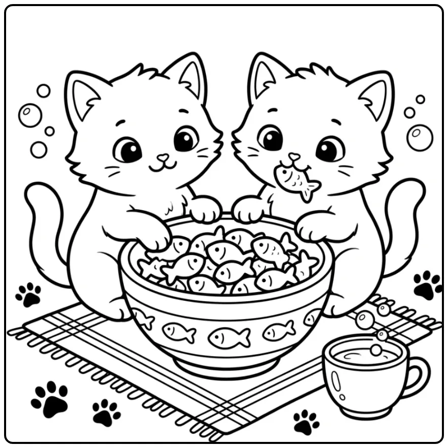 Fun Easy Kitten with Fish Cookies coloring page