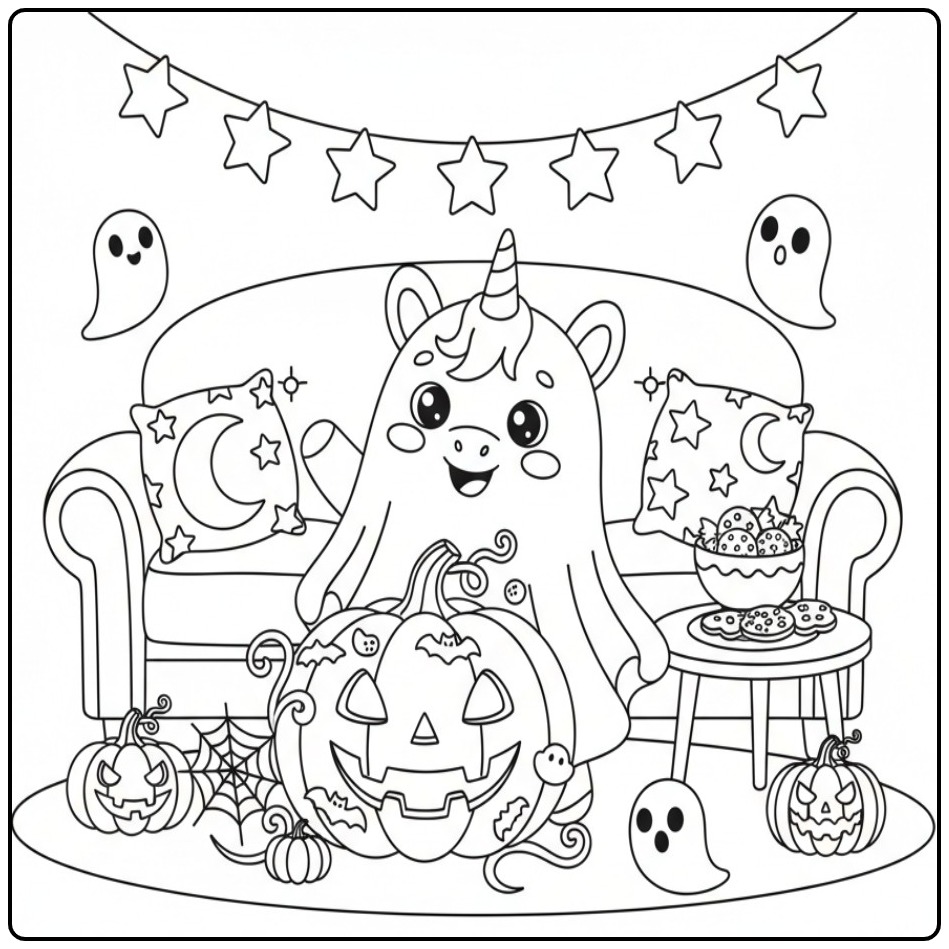 Fun Baby Unicorn Halloween with Pumpkins coloring page