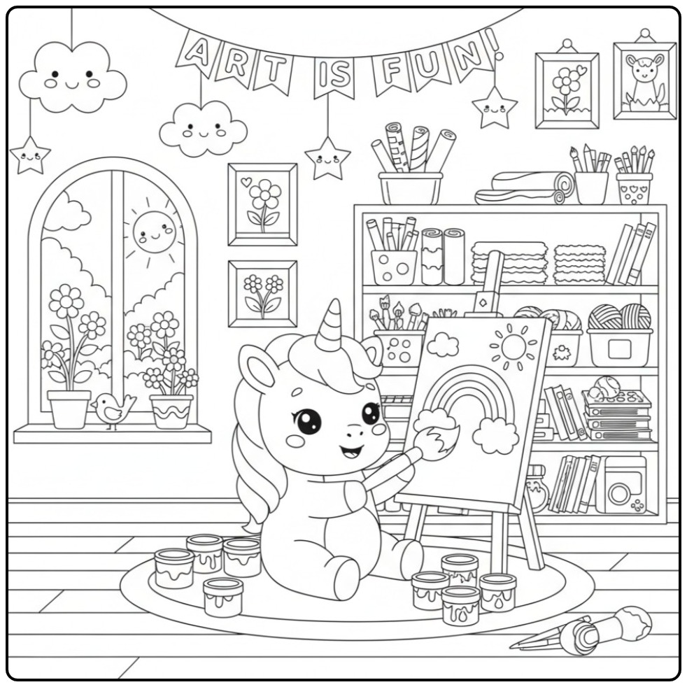 Fun Baby Unicorn on School in the Kunstklas coloring page