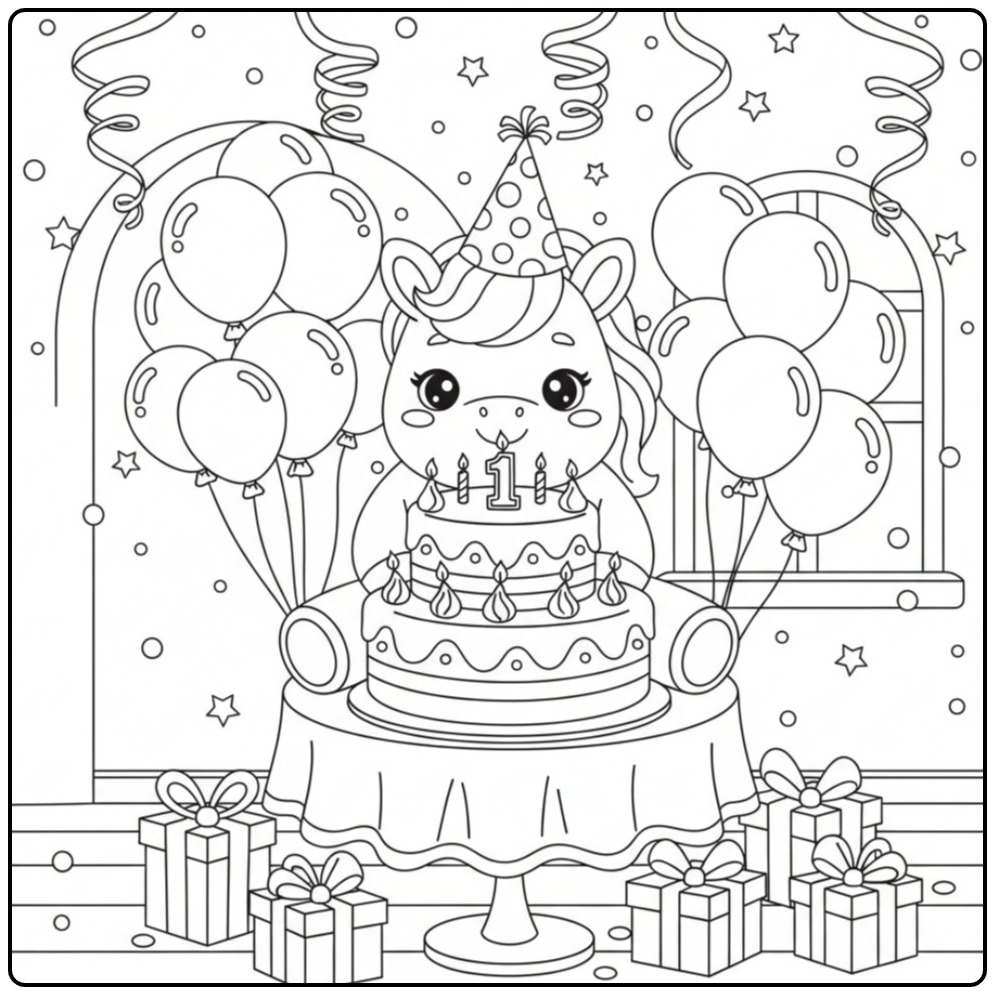 Fun Baby Unicorn on Birthday Party for Kids coloring page