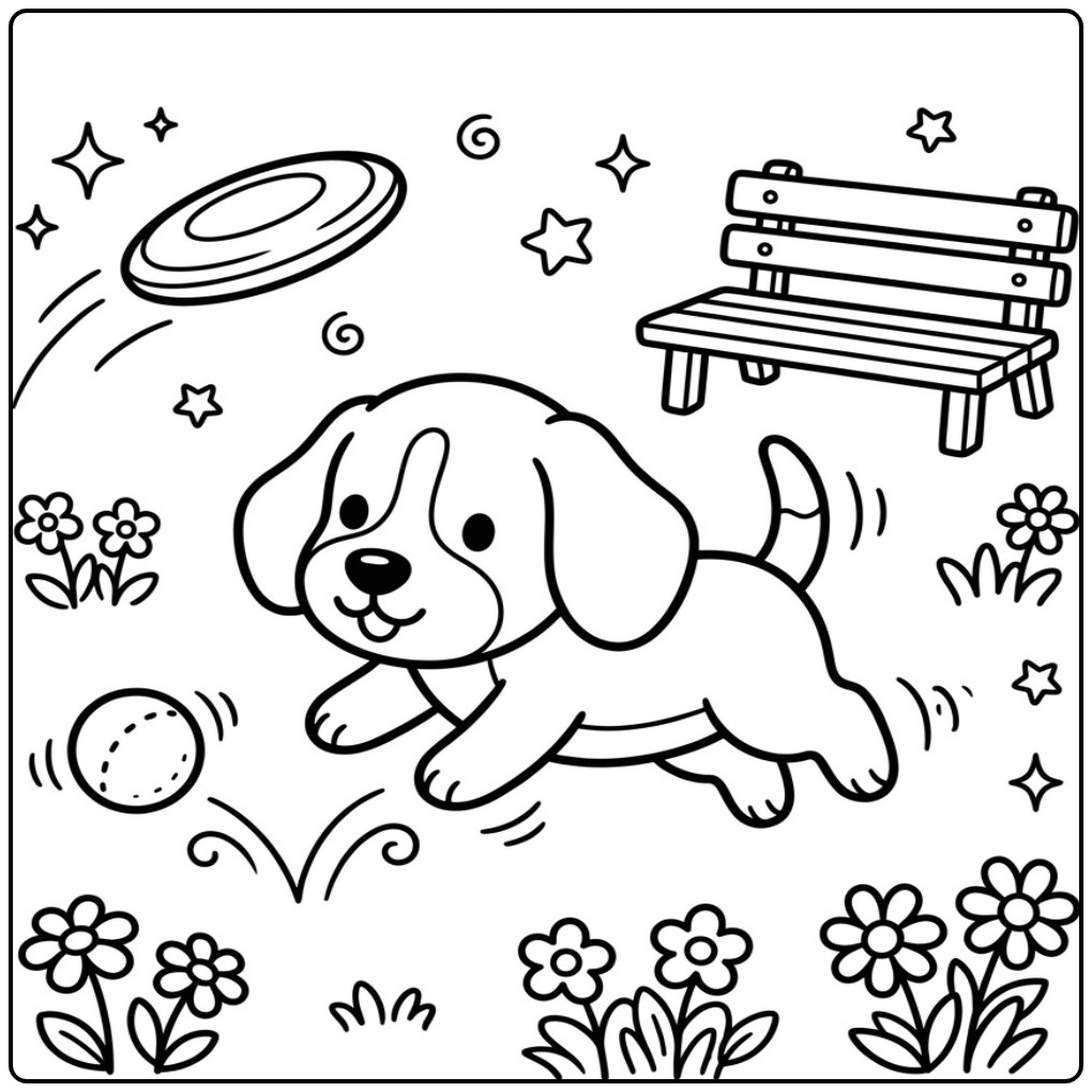 Fun Beagle with Frisbee and a Ball in the Garden coloring page