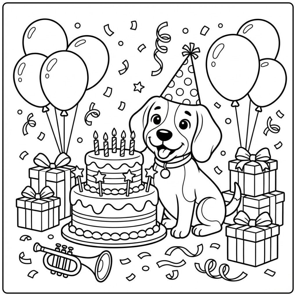 Fun Beagle Celebrating a Birthday with Cake coloring page