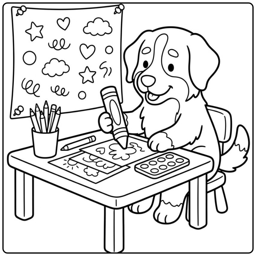 Fun Bernese Mountain Dog with Colored Pencils and Paint coloring page