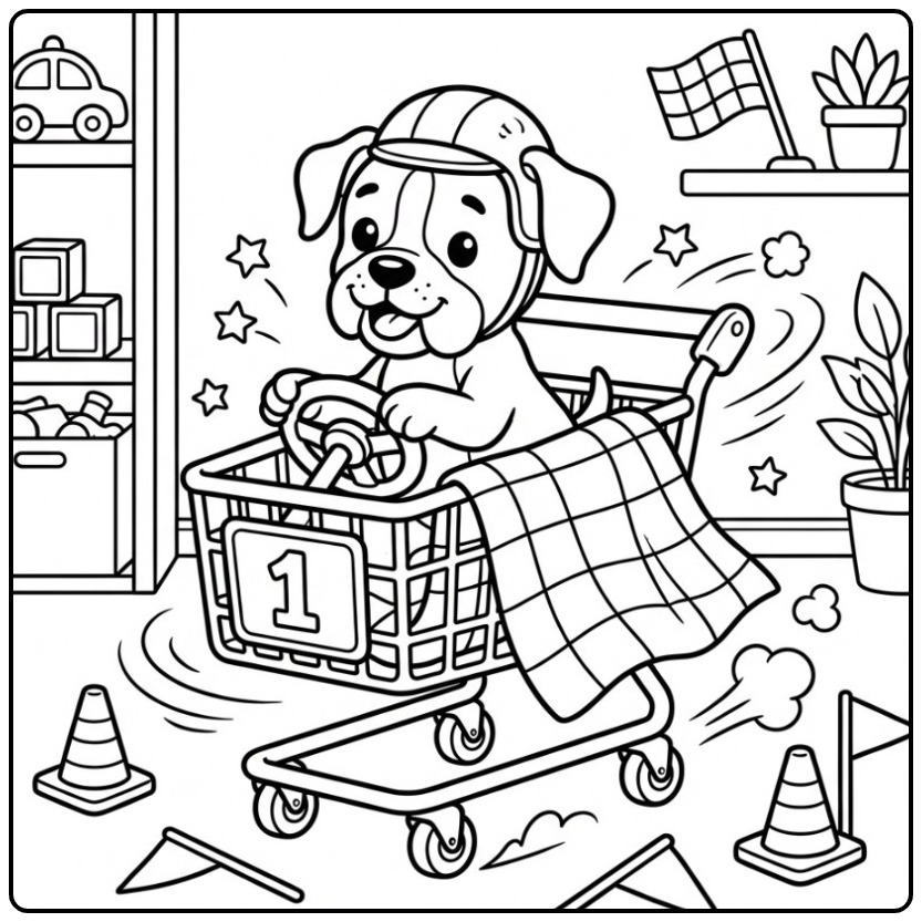 Fun Boxer Dog as Racer in a Race Car coloring page