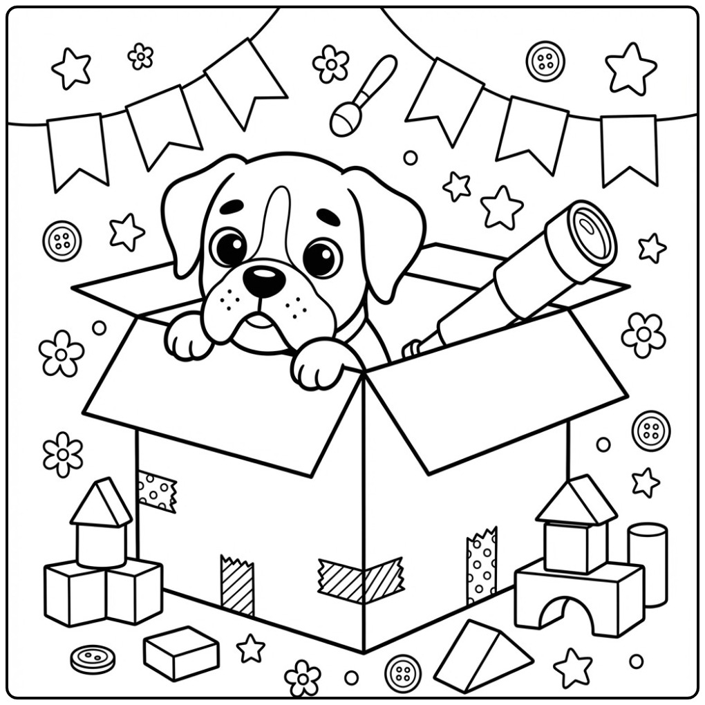 Fun Boxer Dog Little Pirate Playing in a Box coloring page