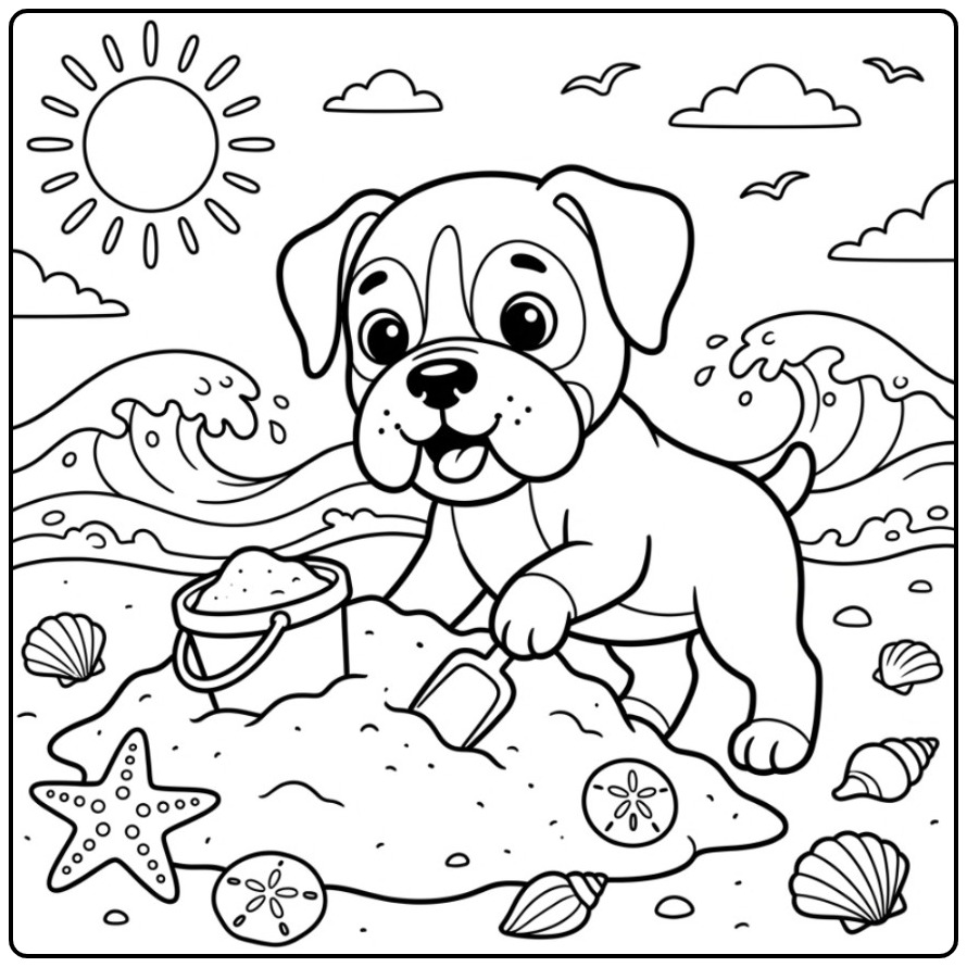 Fun Boxer Dog Playing on the Sunny Beach coloring page