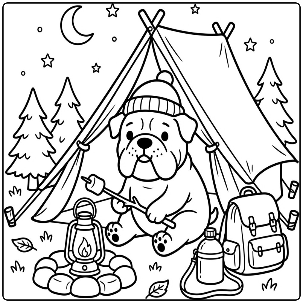 Bulldog Camping by a Fire coloring page