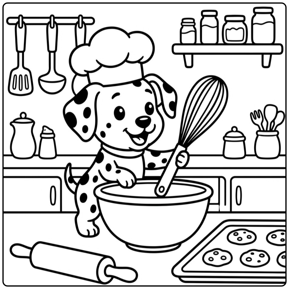 Fun Dalmatian as a Little Chef coloring page