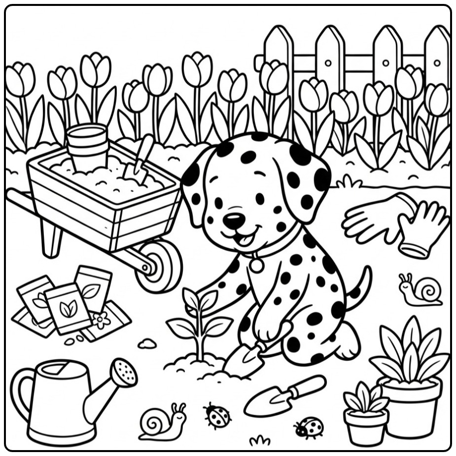 Fun Dalmatian Planting a Flower coloring page