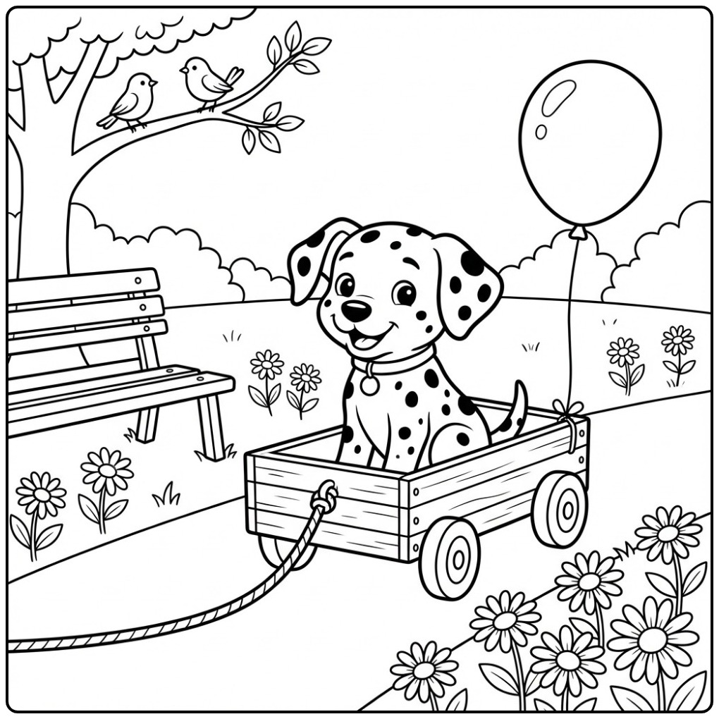 Fun Dalmatian in the Park with a Balloon coloring page