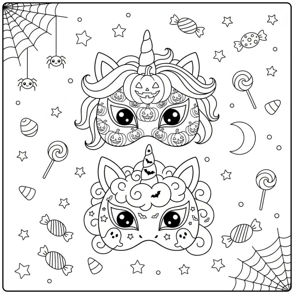 Fun Unicorn Halloween Mask Full of Candies and Spinnen coloring page