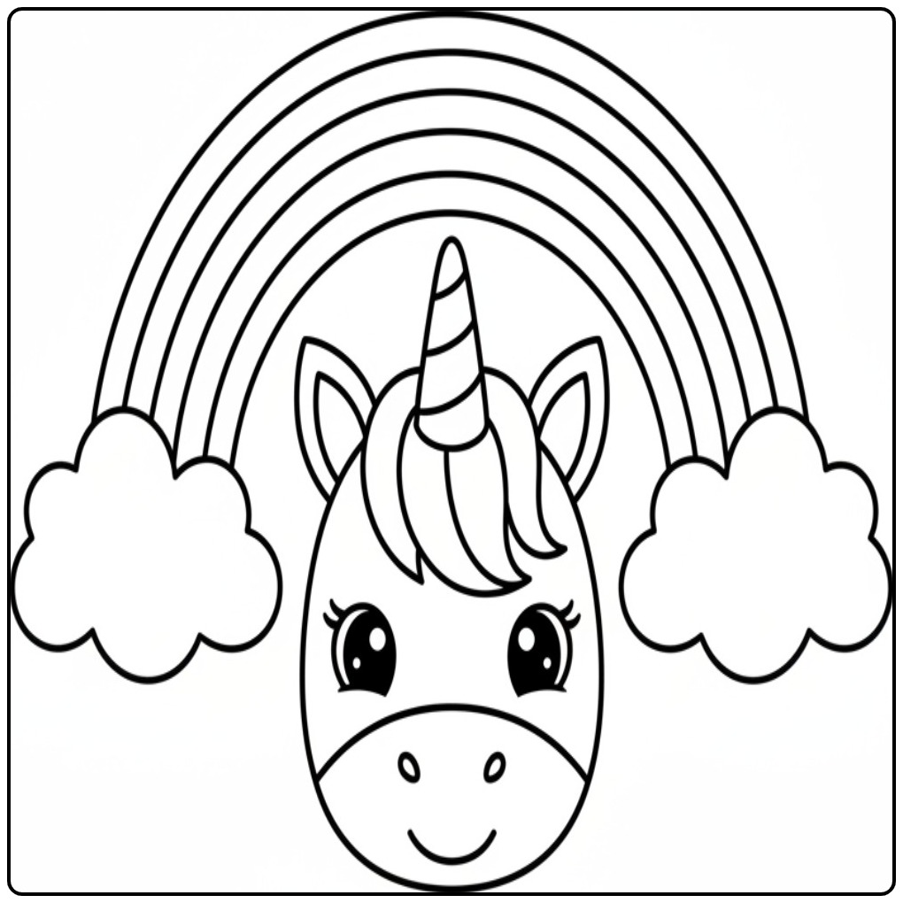 Fun Unicorn Head with Clouds and a Rainbow coloring page
