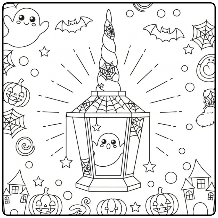 Fun Unicorn Horn Halloween with a Sweet Little Ghost coloring page