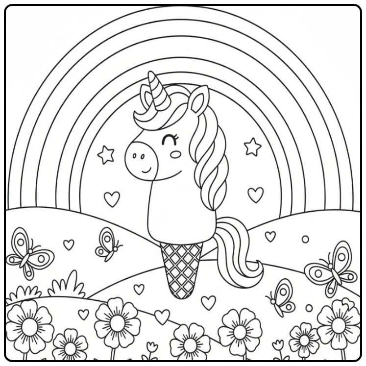 Fun Unicorn with Ice Cream and Rainbow for Children coloring page
