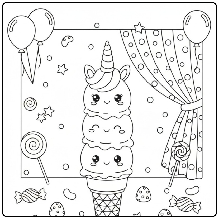 Fun Unicorn with Ice Cream in a Cone and Candies coloring page