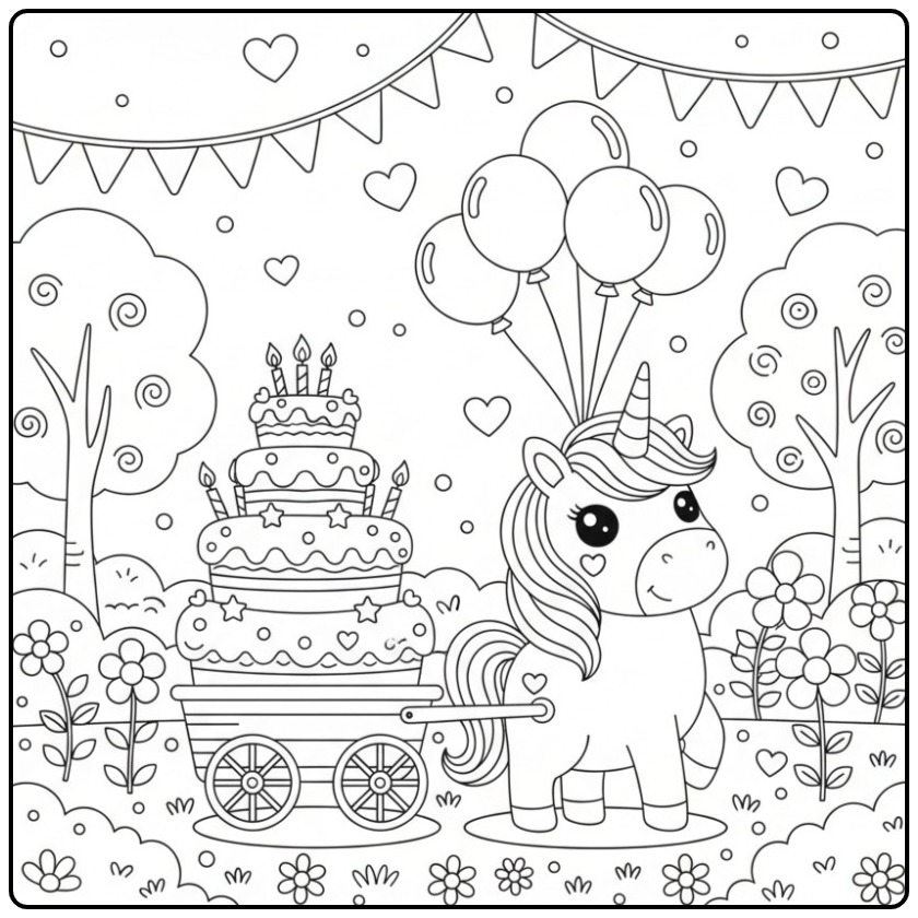 Fun Unicorn with Birthday Cake for a Party coloring page