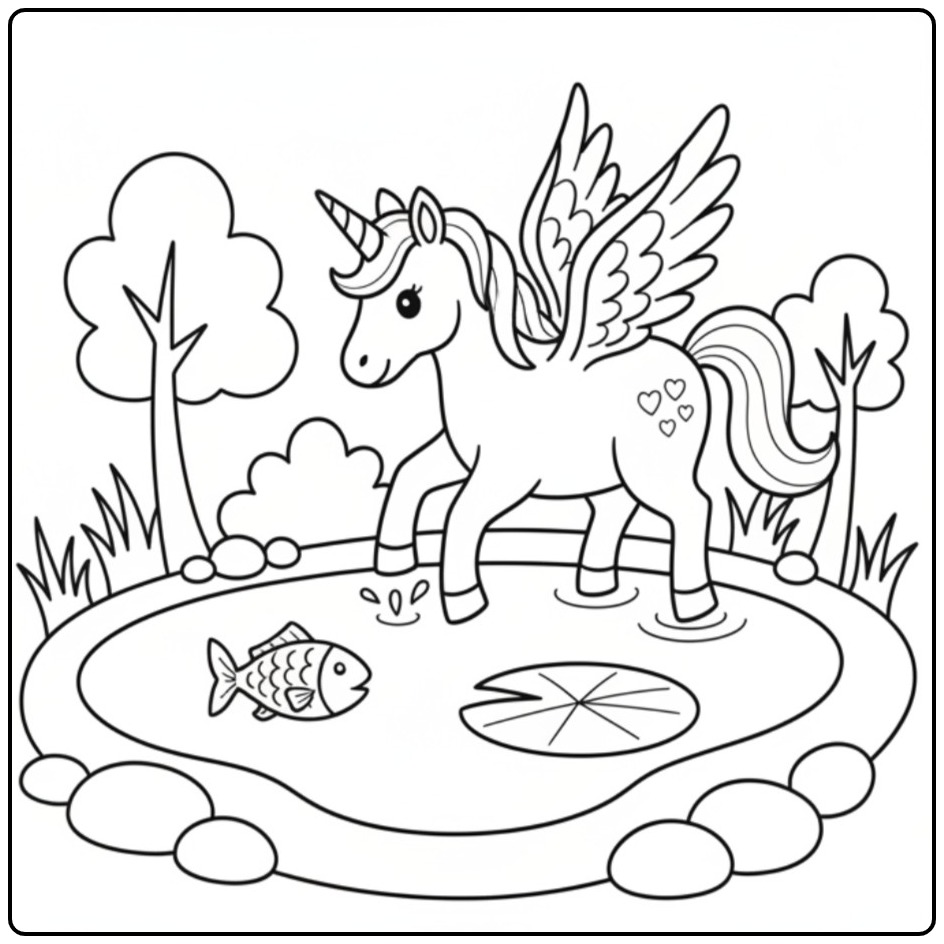 Fun Unicorn with Wings and a Small Fish coloring page