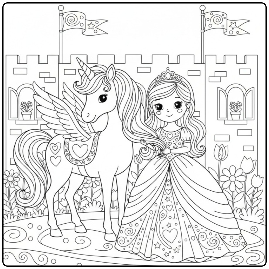 Fun Unicorn with Wings and Princess coloring page