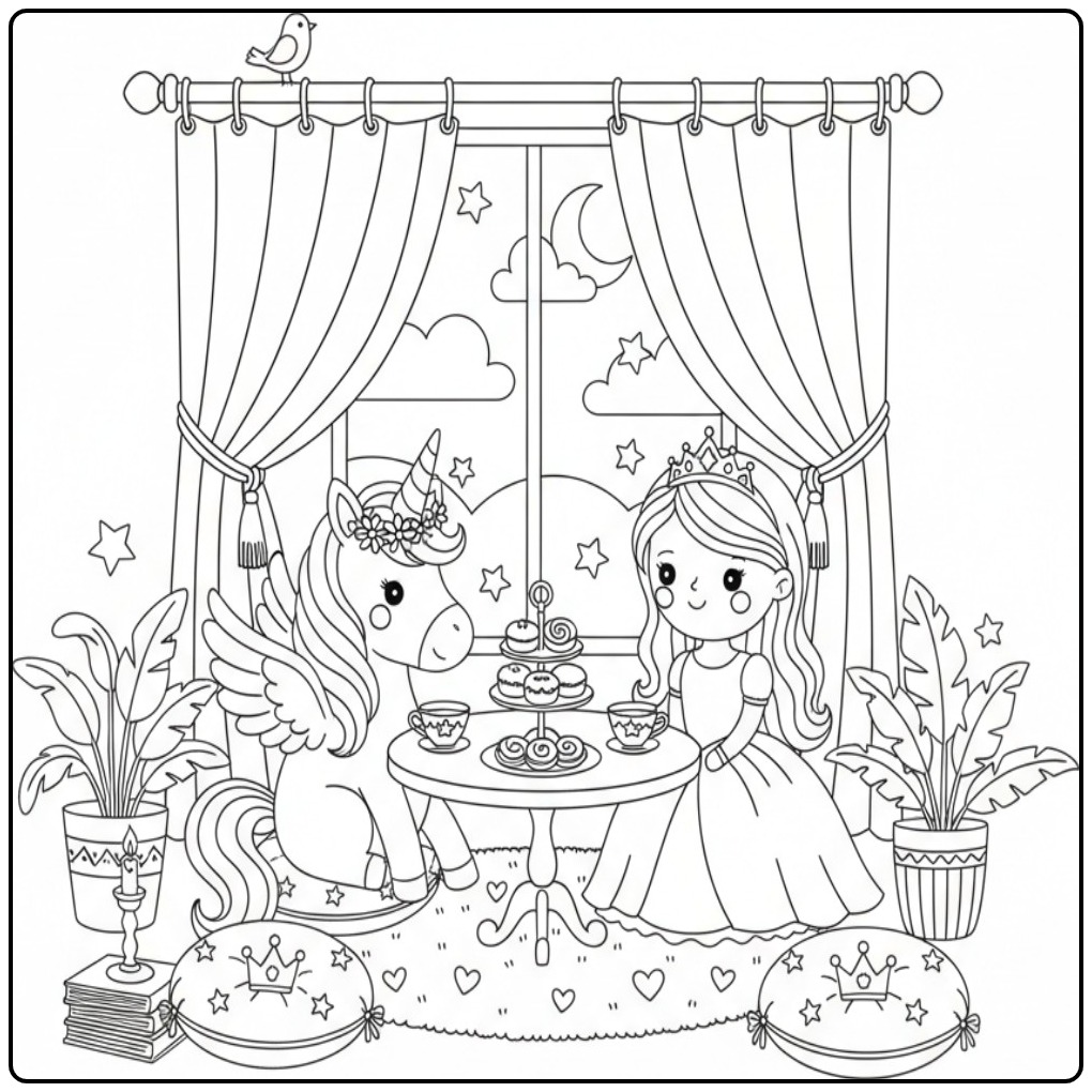 Fun Unicorn with Wings and Princess Tea Party coloring page