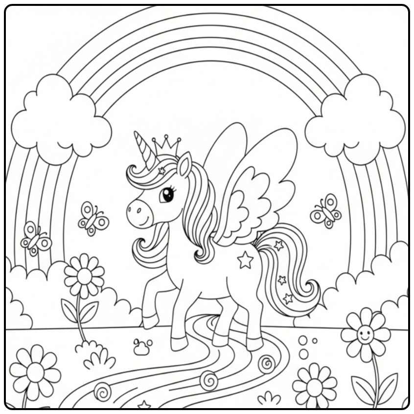 Fun Unicorn with Wings and Rainbow coloring page