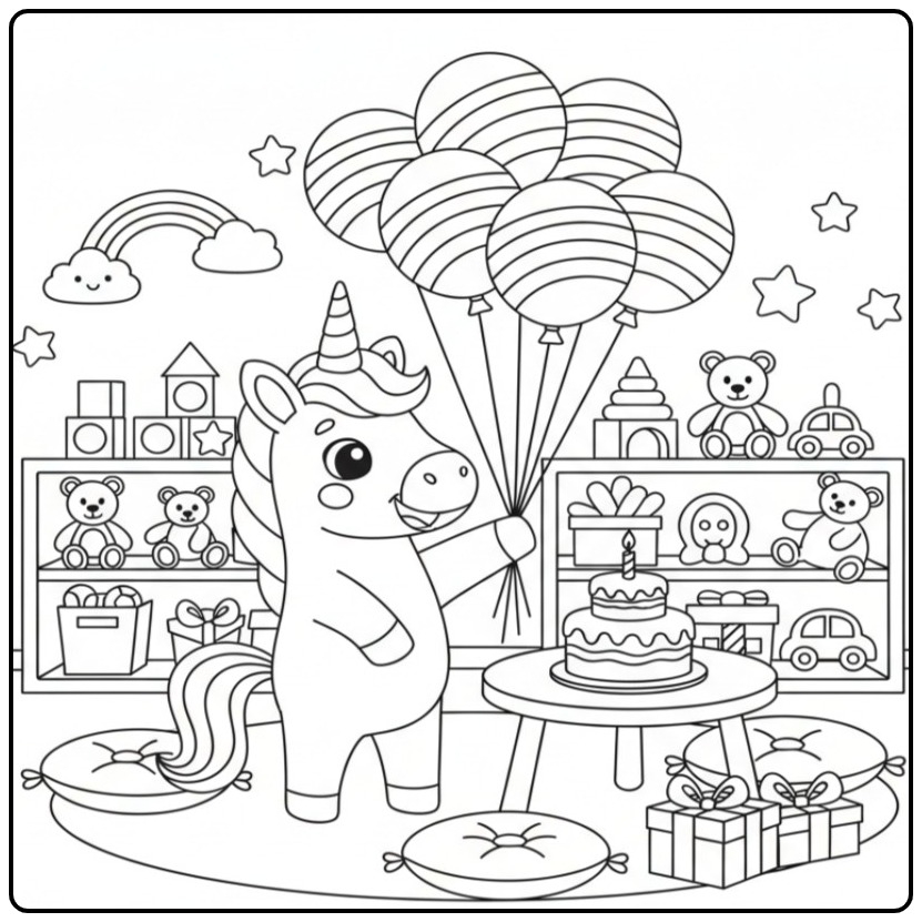 Fun Unicorn on a Rainbow Birthday Party coloring page