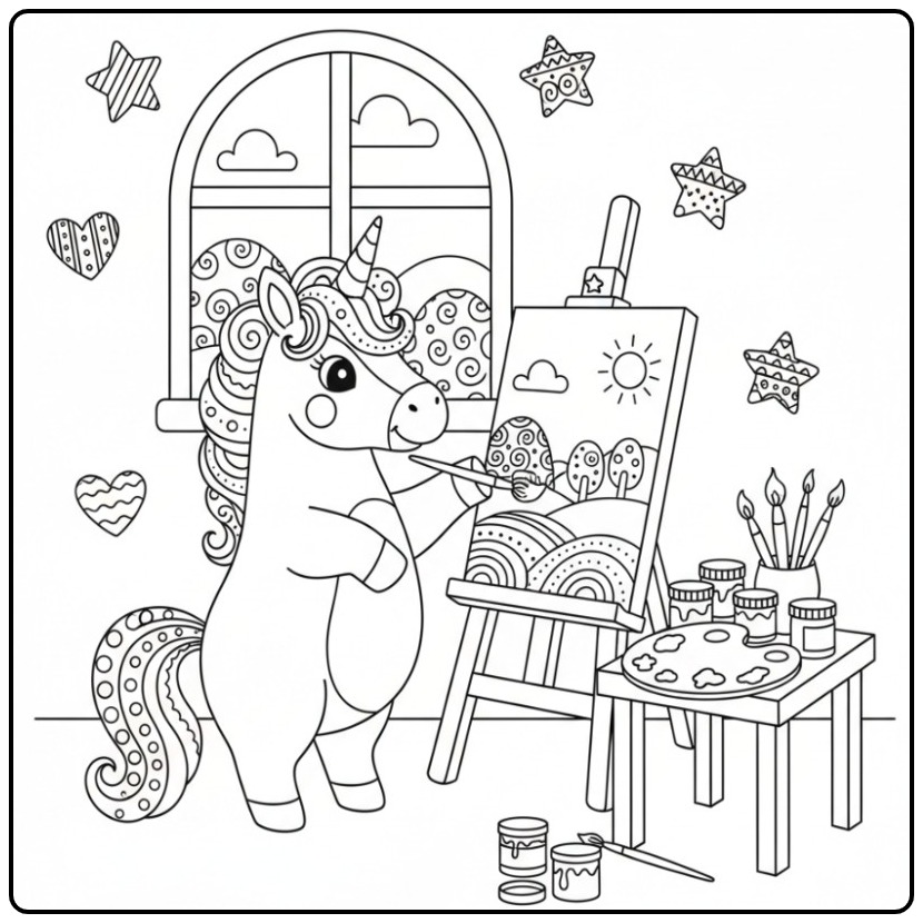 Fun Unicorn Cute a Landscape Painting coloring page