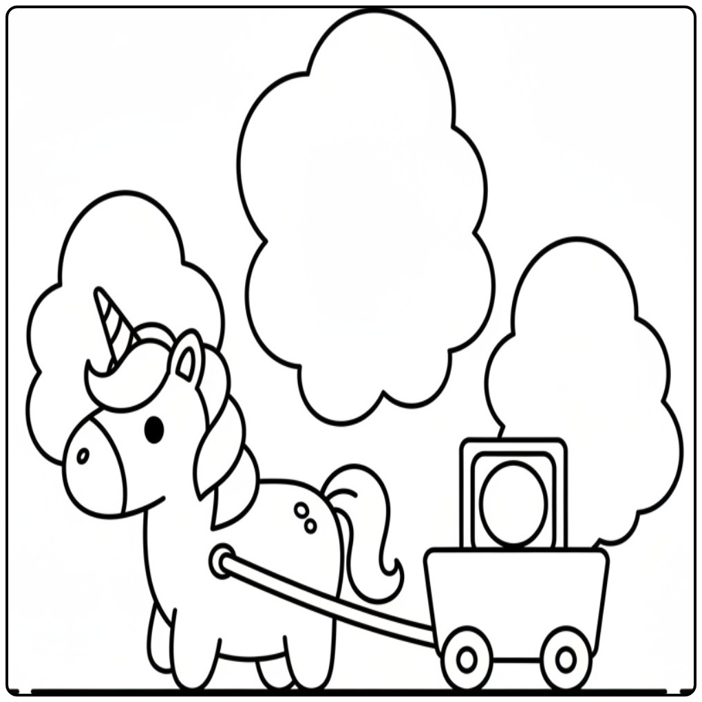 Fun Unicorn Cute with a Fire Truck and Clouds coloring page