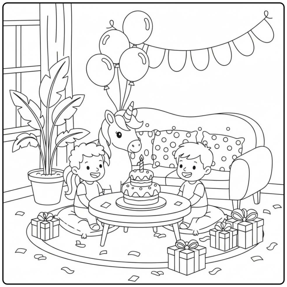 Fun Unicorn Birthday Party with Friends coloring page