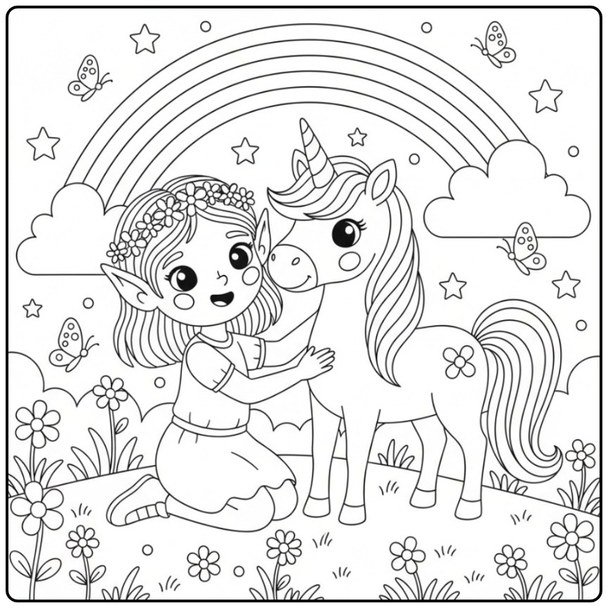 Fun Fairy and Unicorn with Rainbow coloring page