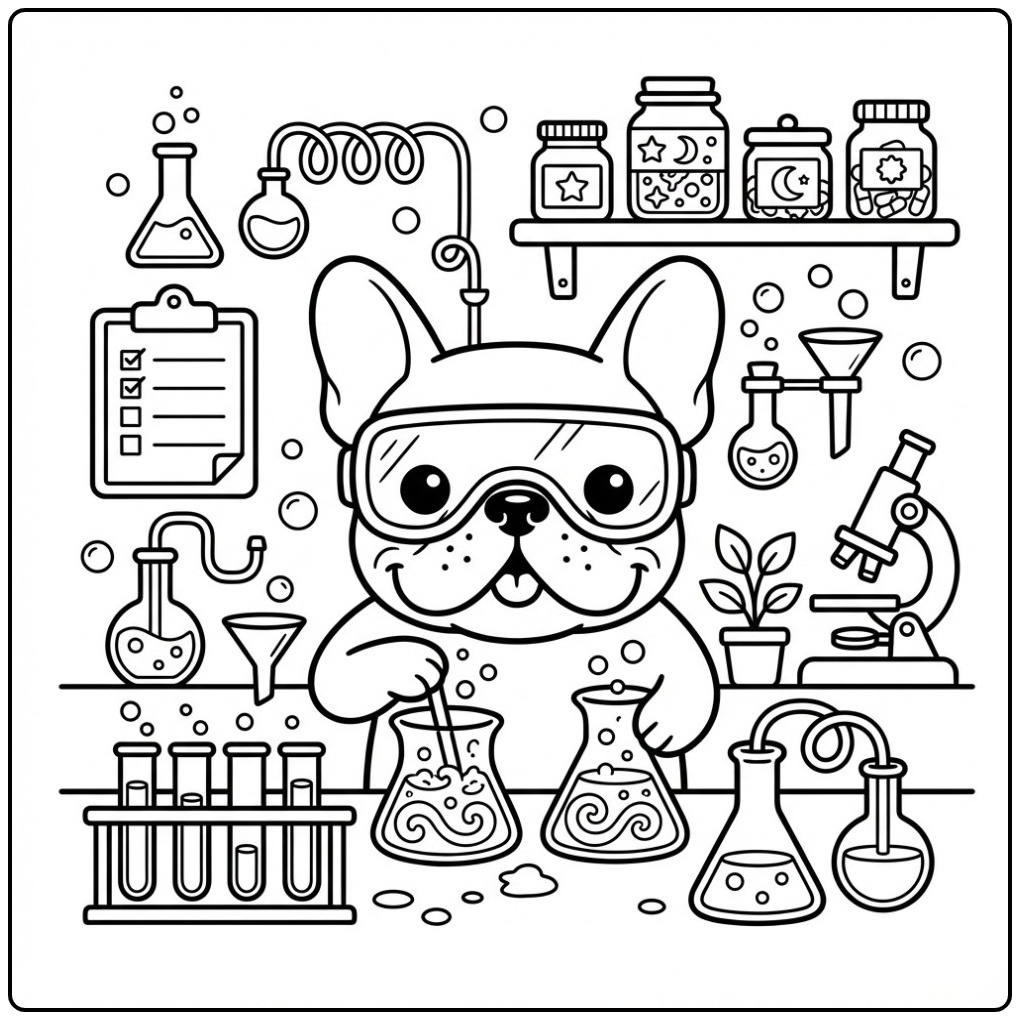 Fun French Bulldog as a Silly Professor coloring page