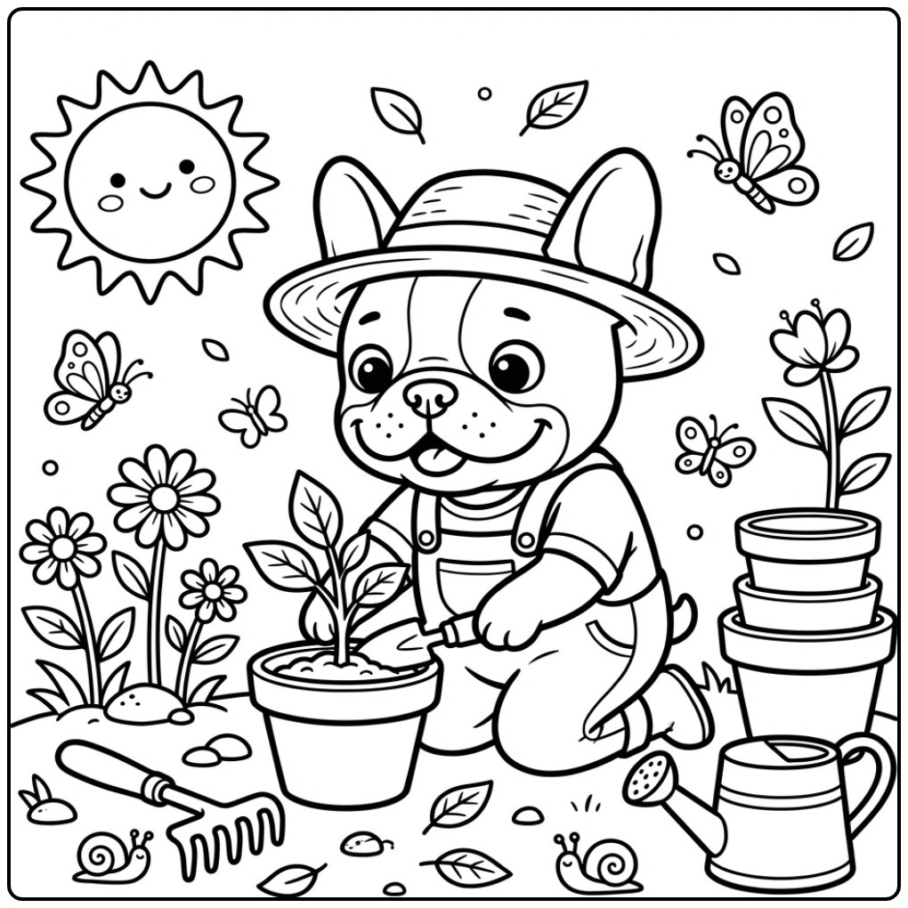 Fun French Bulldog Planting a Small Plant coloring page