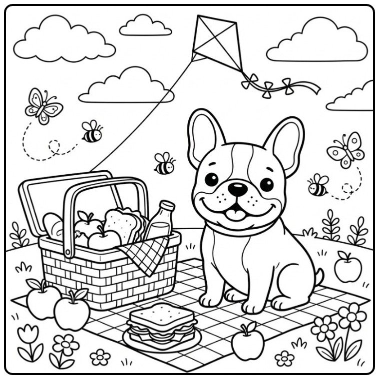 Fun French Bulldog Picknickt in the Park coloring page