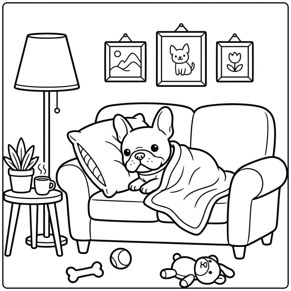 Fun French Bulldog in a Cozy Huiskamer coloring page