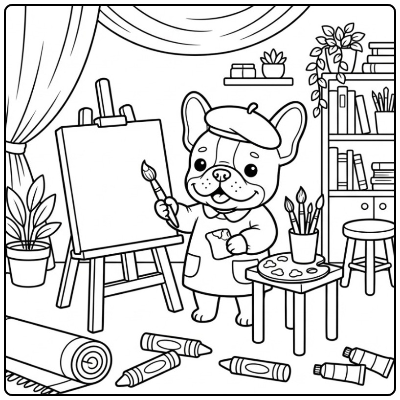 Fun French Bulldog in a Kunstatelier coloring page
